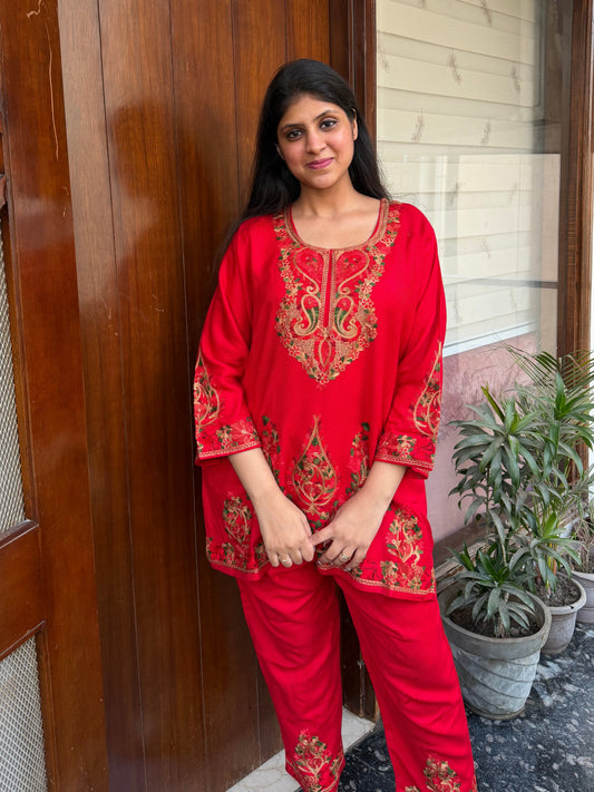 Pure wool hand embroidered aari work designer coord set