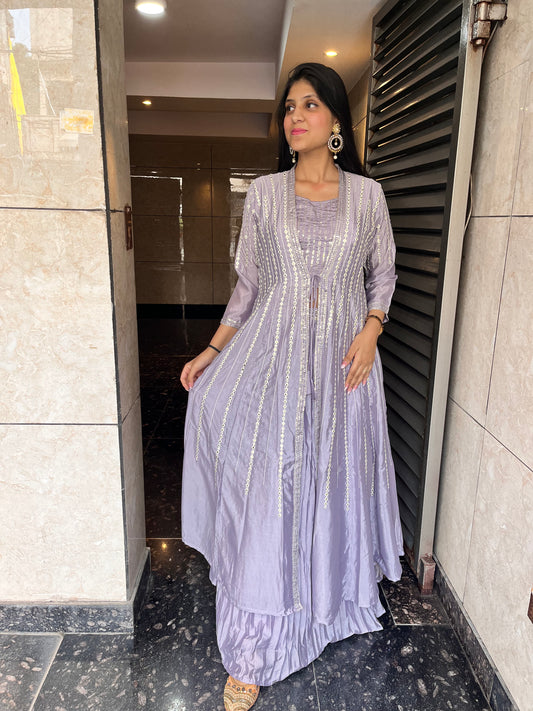 Hand embellished cape set with crop top and skirt