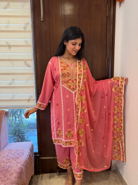 Designer Aari Embroidered Suit Set for Women – 3 Piece Kurta, Pant & Dupatta