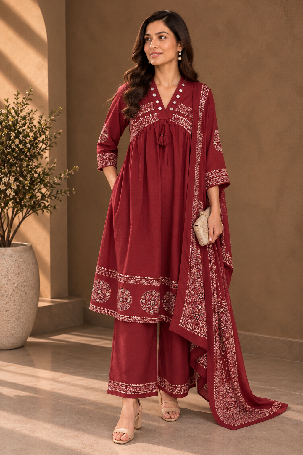 Red printed kurta set for women