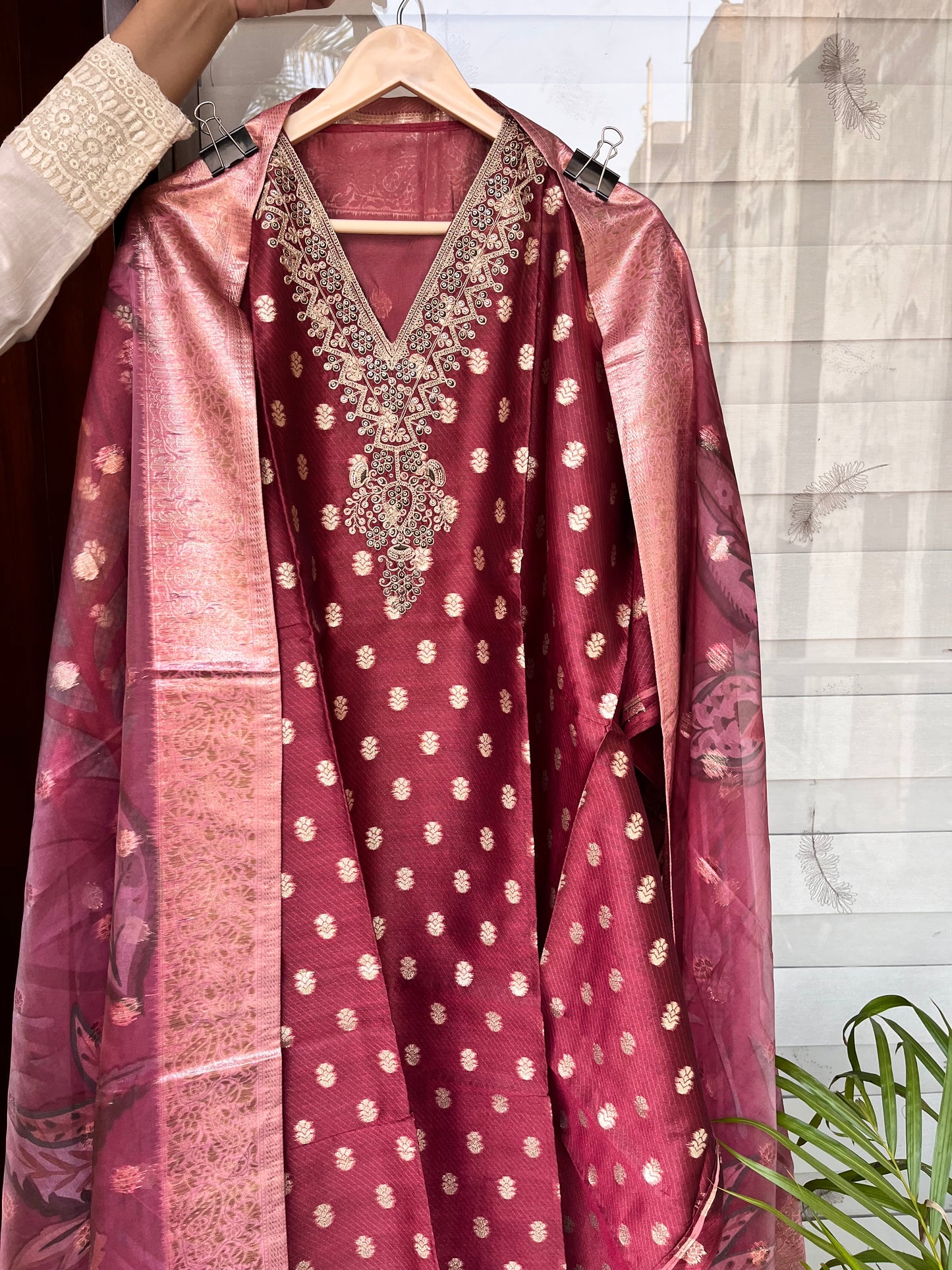 Banarasi silk suit with organza dupatta with hand work