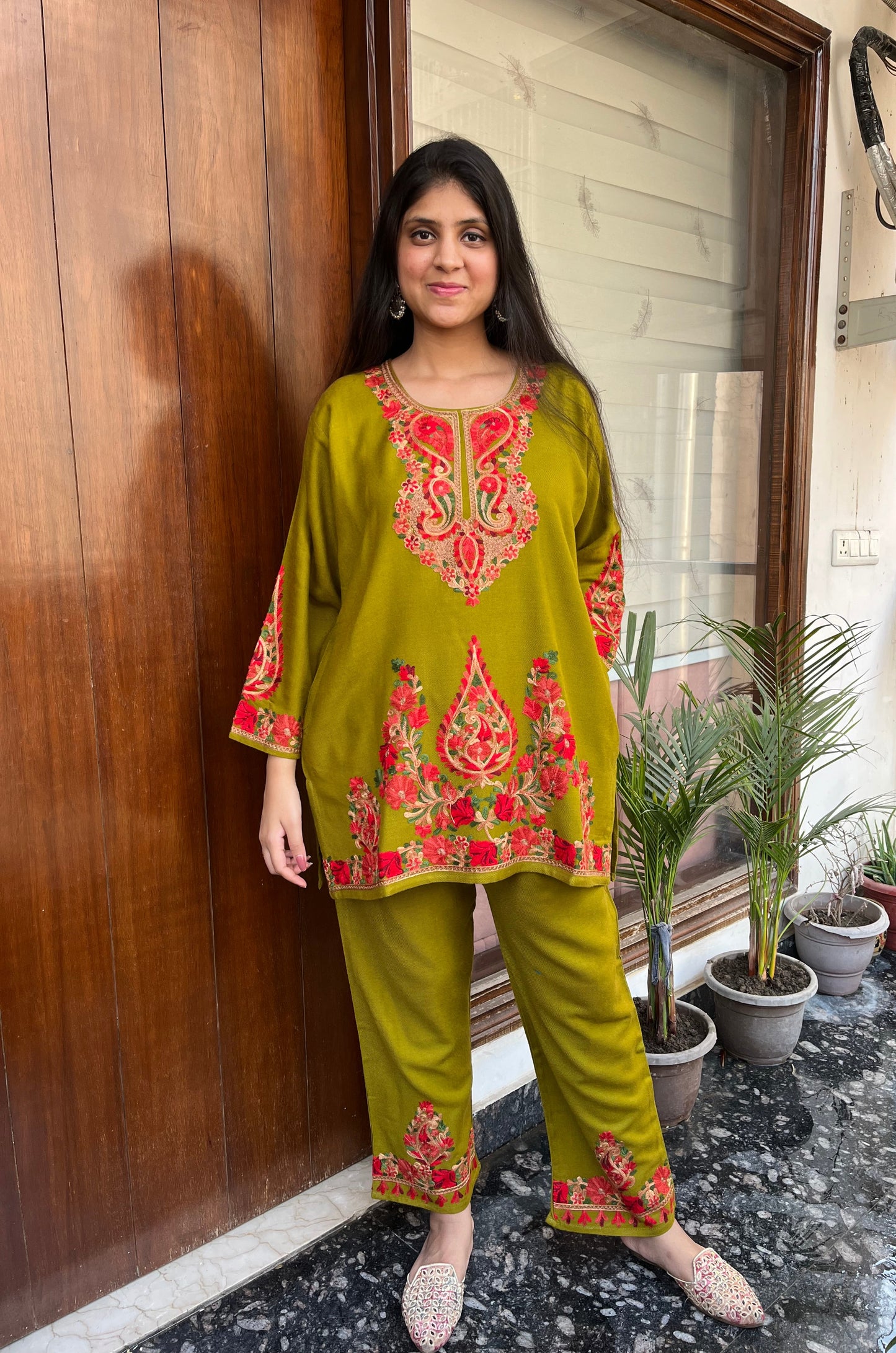 Pure wool hand embroidered aari work designer coord set