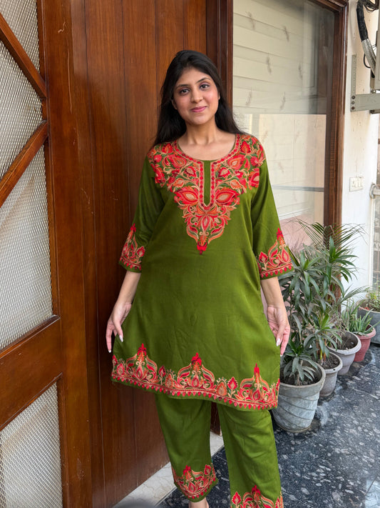 Pure wool hand embroidered aari work designer coord set