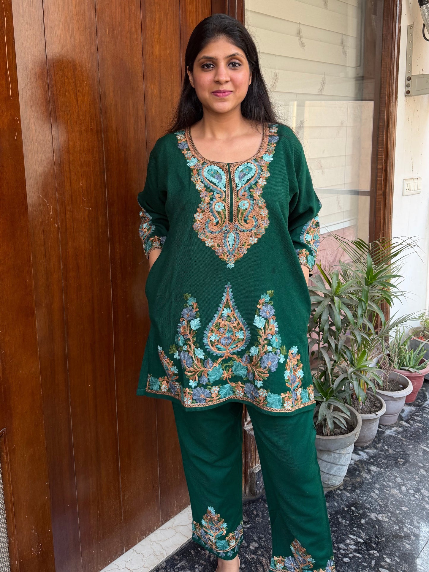 Pure wool hand embroidered aari work designer coord set