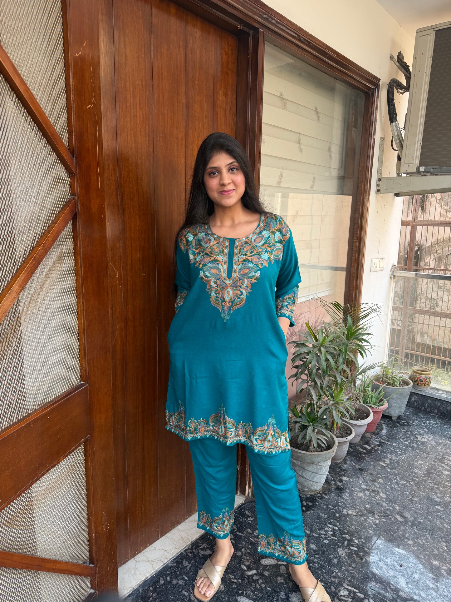 Pure wool hand embroidered aari work designer coord set