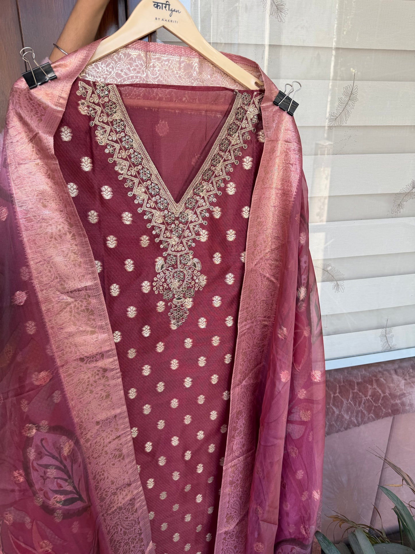 Banarasi silk suit with organza dupatta with hand work