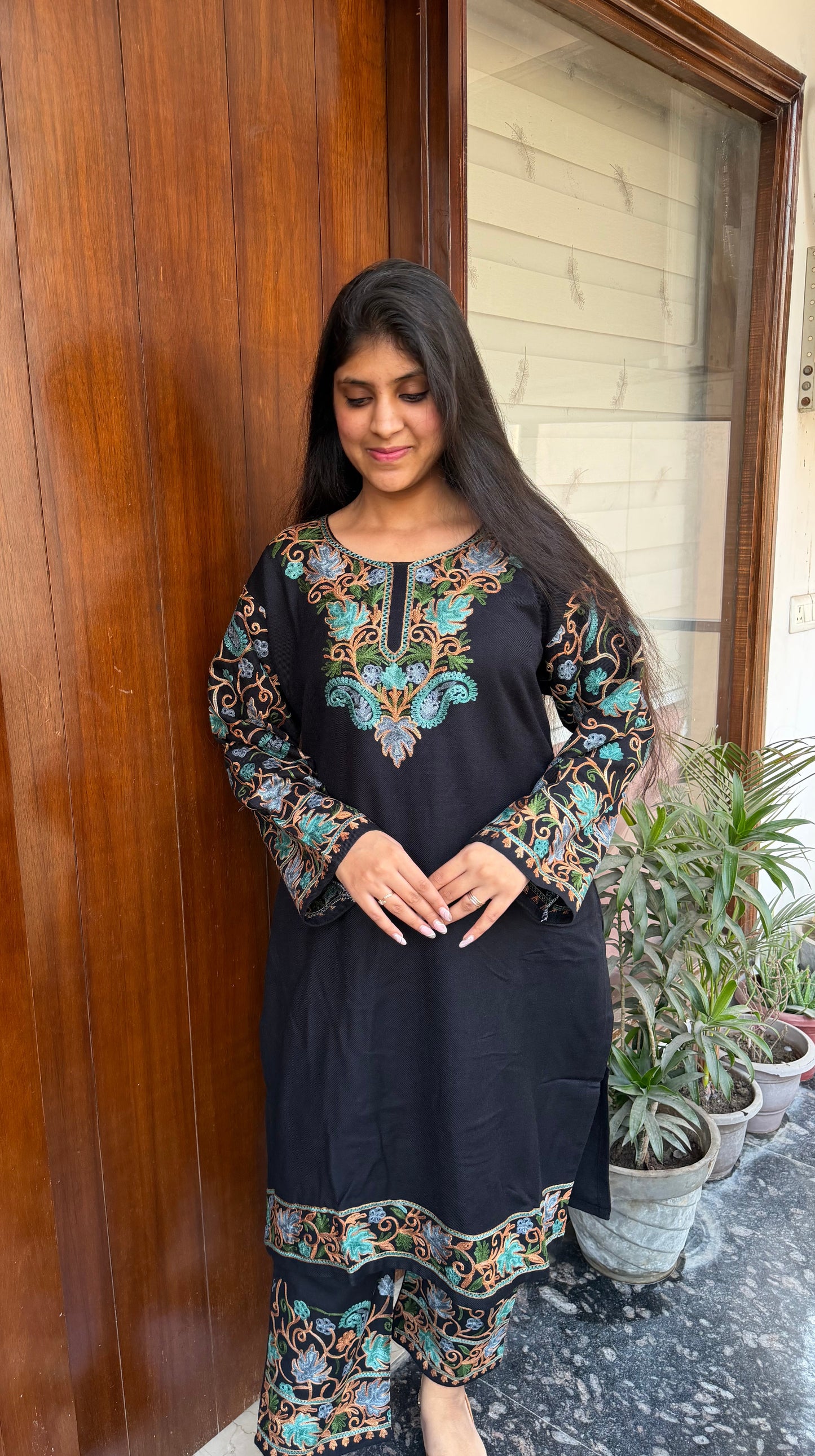 Pure wool hand embroidered aari work designer coord set