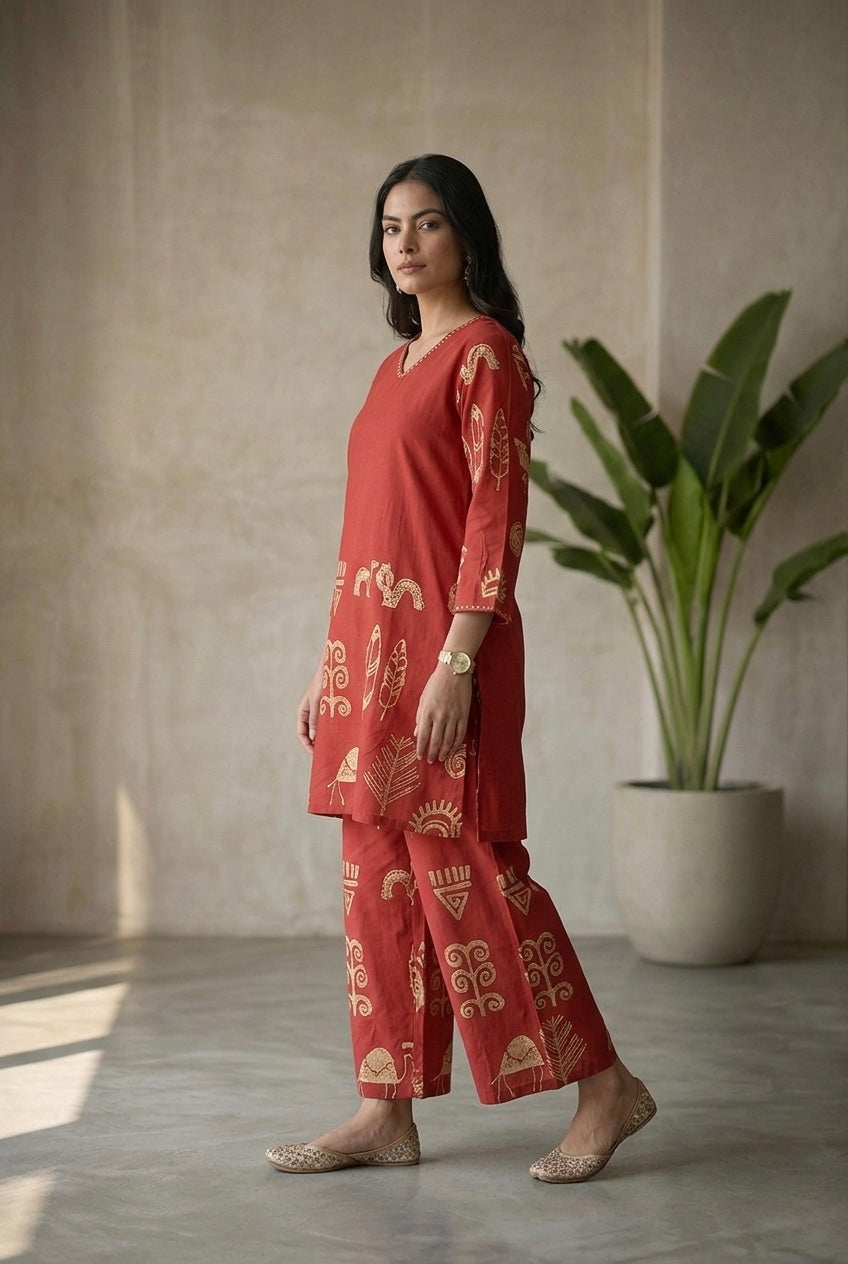 Red Printed Mul Cotton coord Set