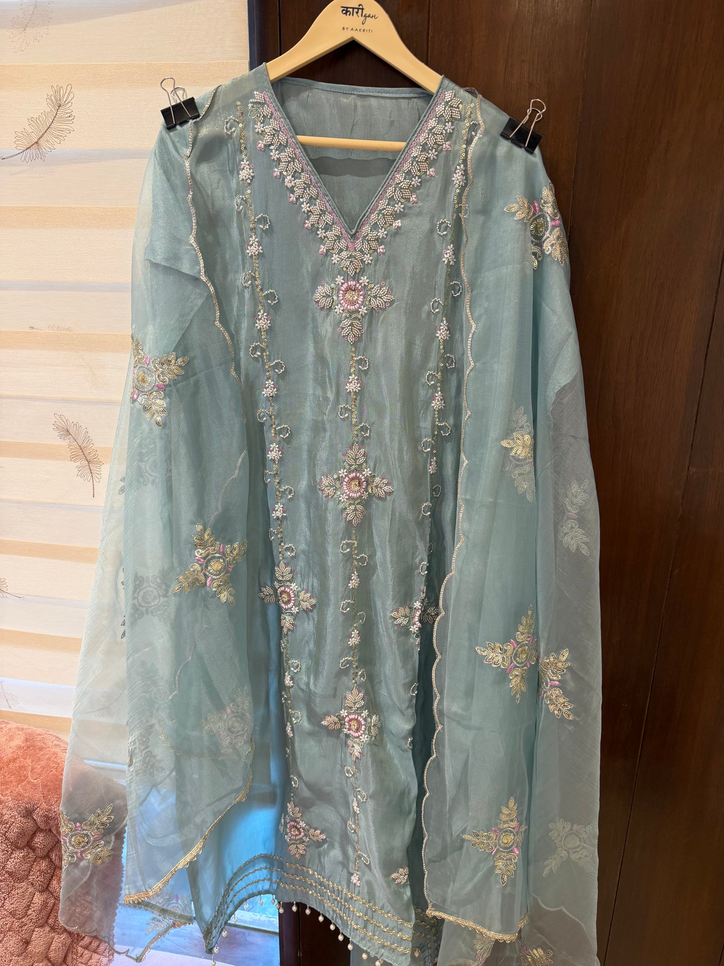 `Maisha’ Designer 3 piece suit set with hand and pearl work