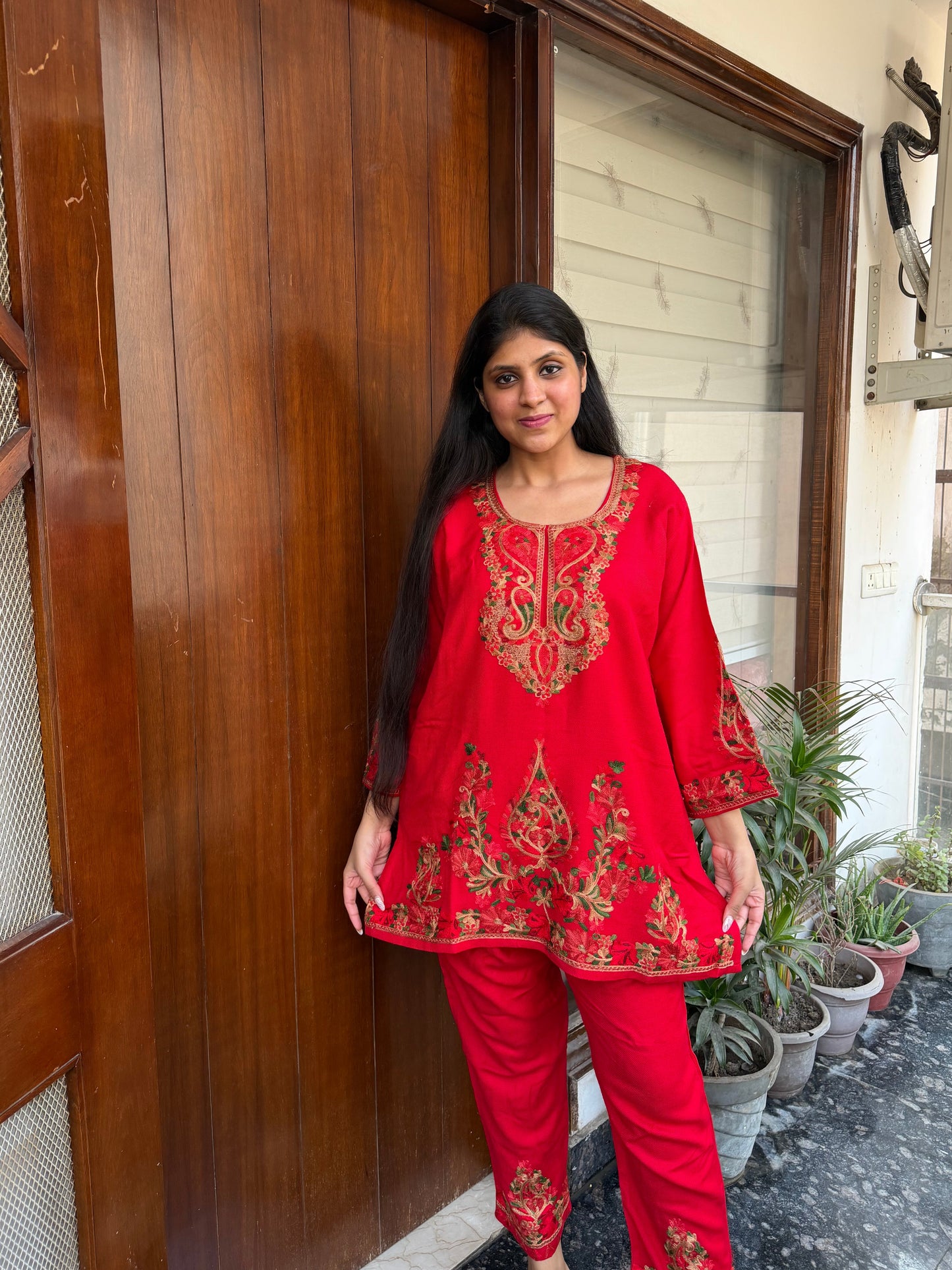 Pure wool hand embroidered aari work designer coord set