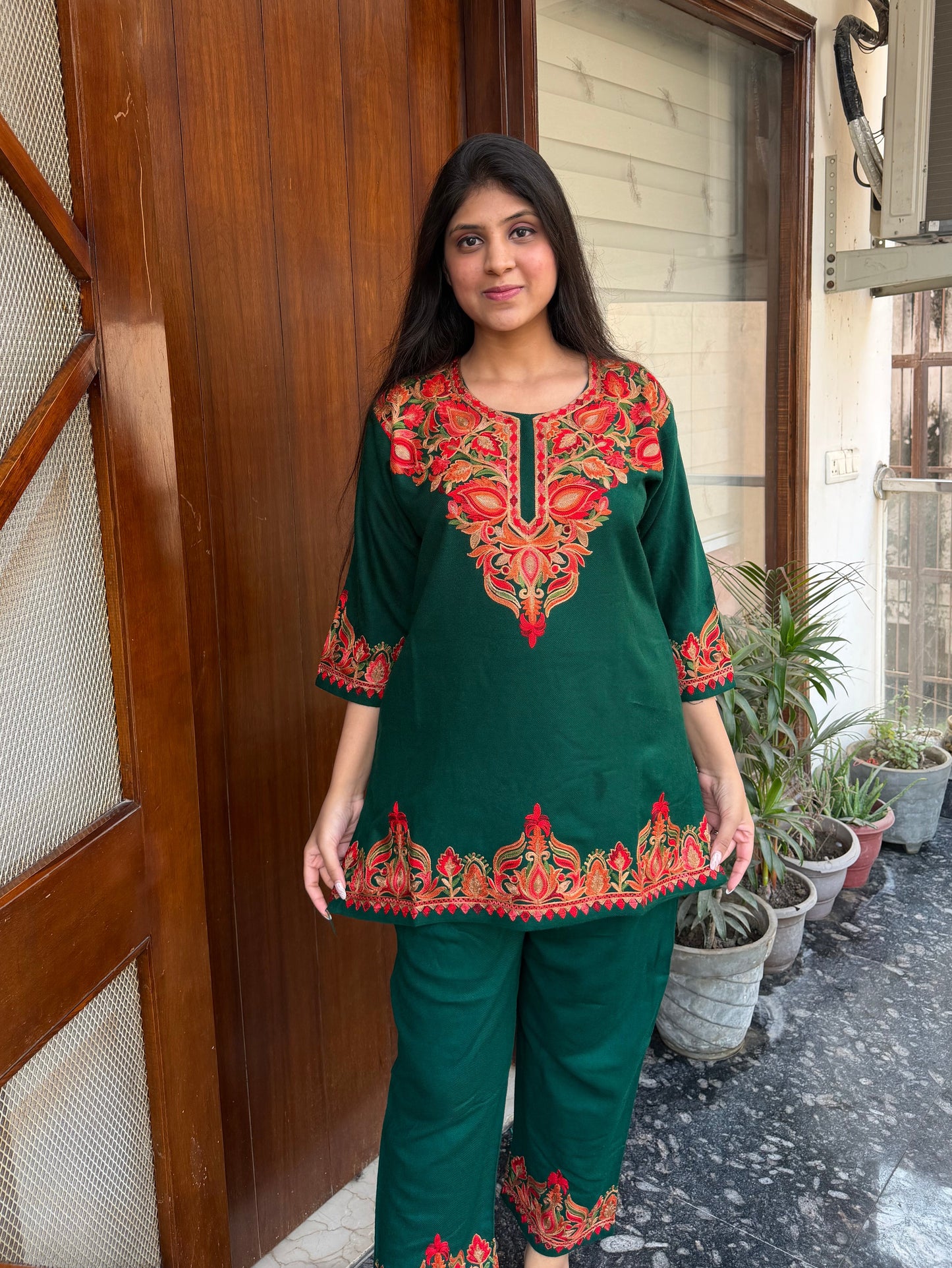 Pure wool hand embroidered aari work designer coord set