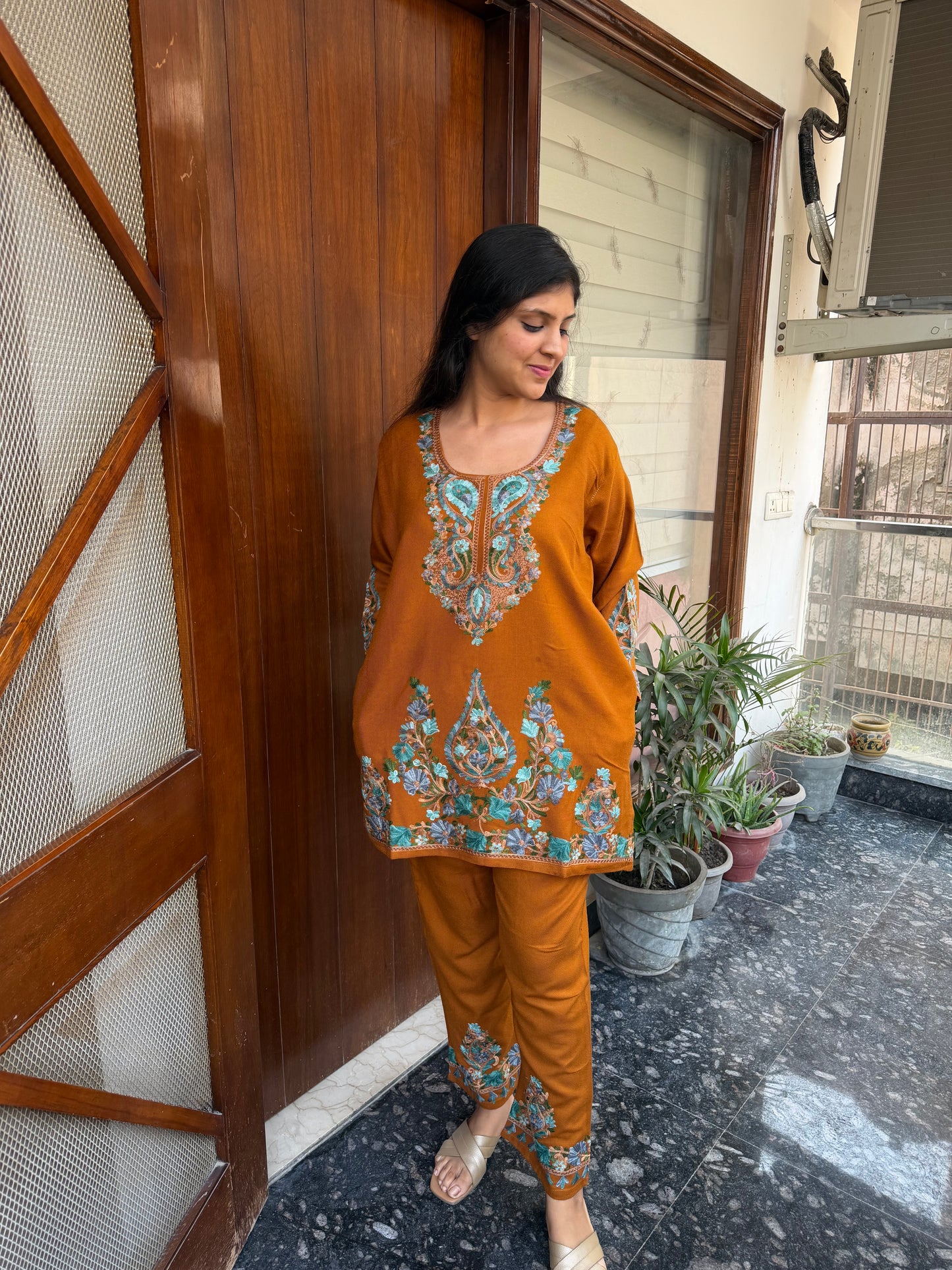 Pure wool hand embroidered aari work designer coord set