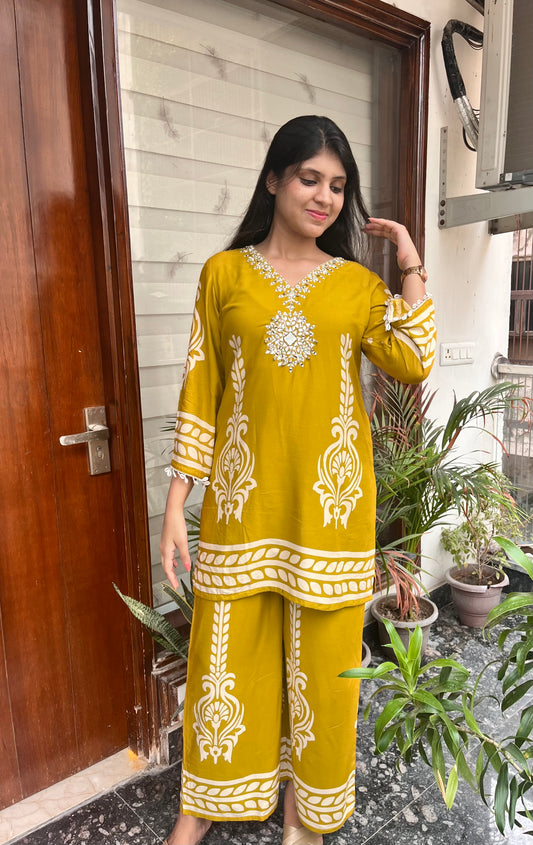 Yellow Embroidered Co-ord Set with Cowrie Shells