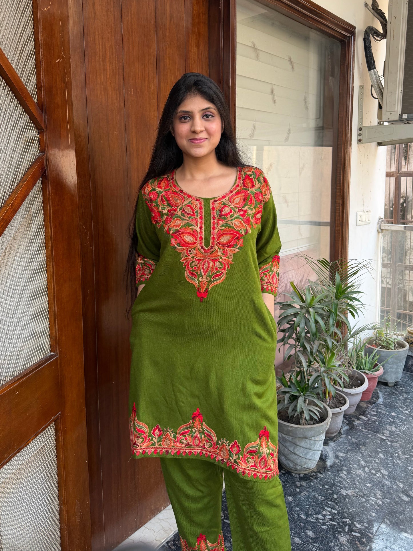 Pure wool hand embroidered aari work designer coord set