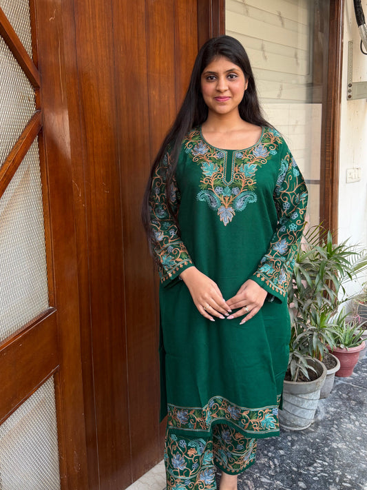 Pure wool hand embroidered aari work designer coord set
