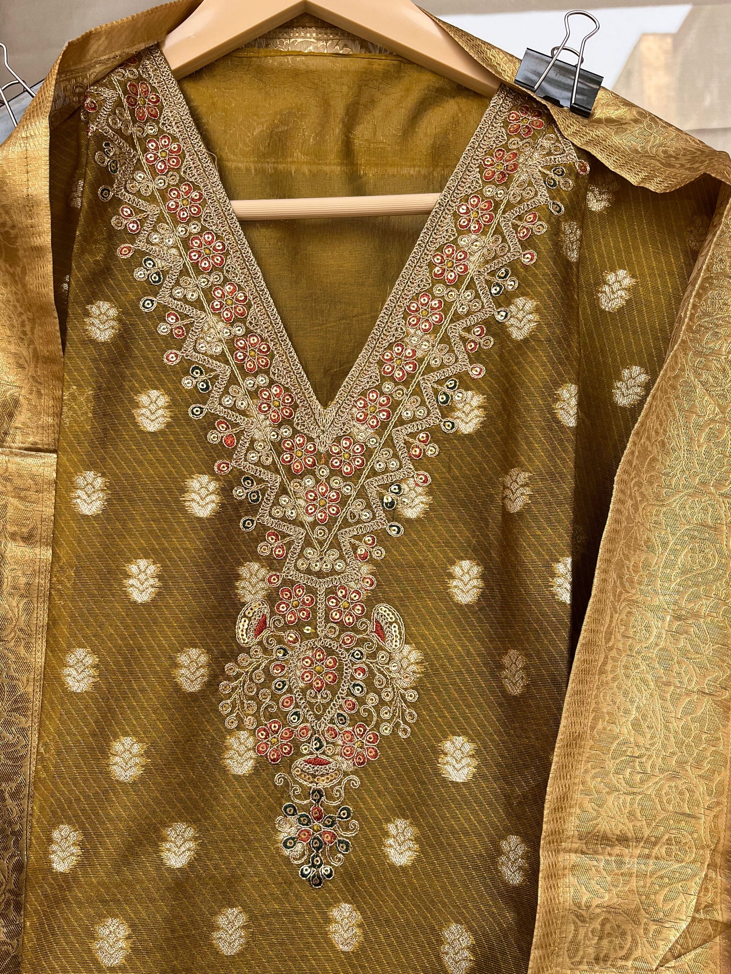 Banarasi silk suit with organza dupatta with hand work