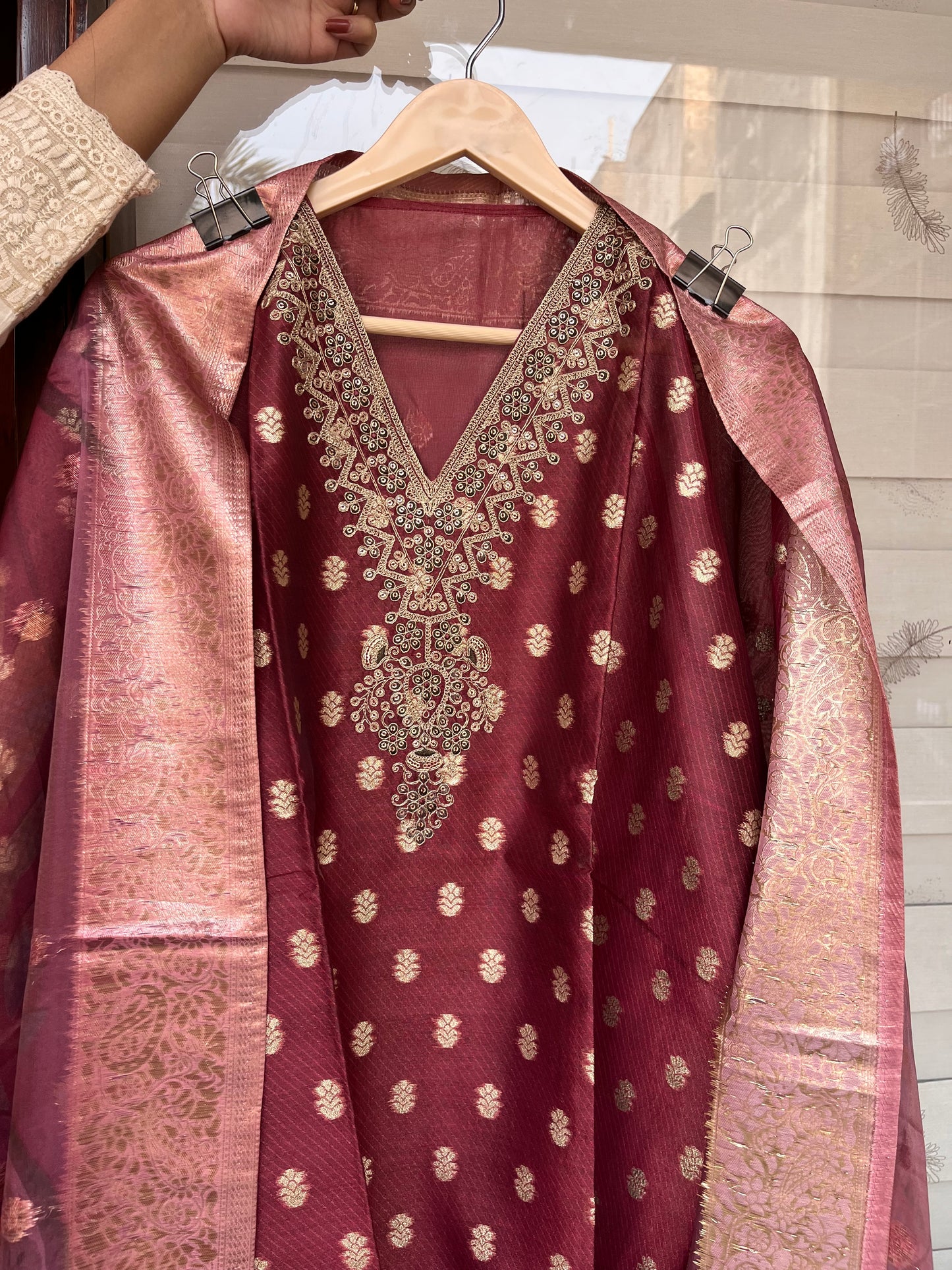 Banarasi silk suit with organza dupatta with hand work