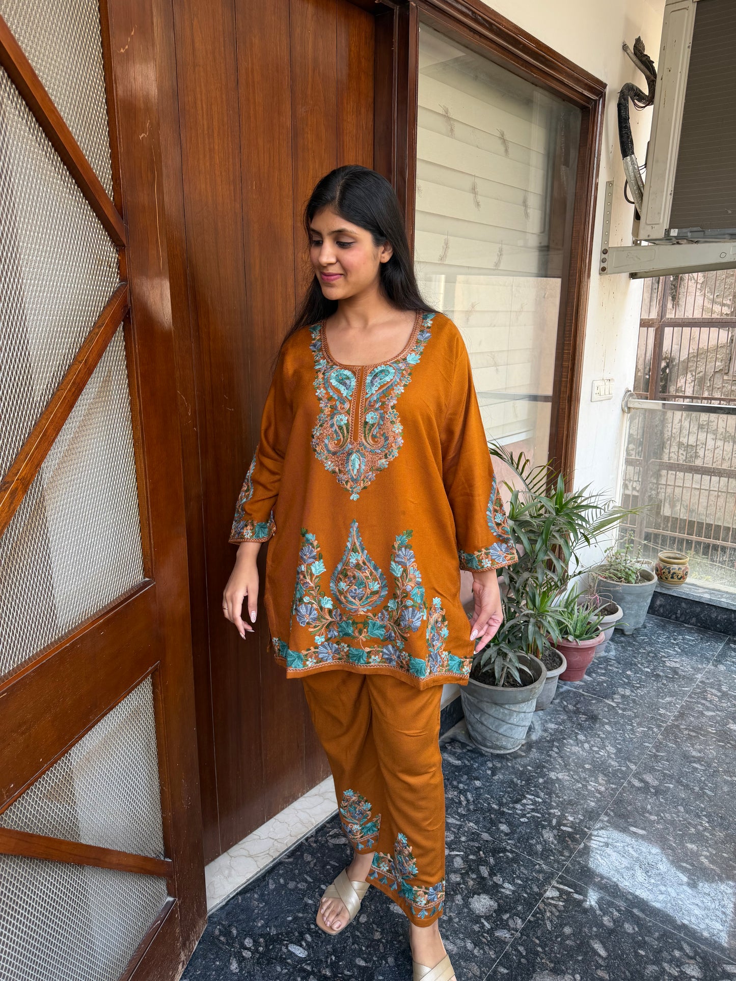 Pure wool hand embroidered aari work designer coord set