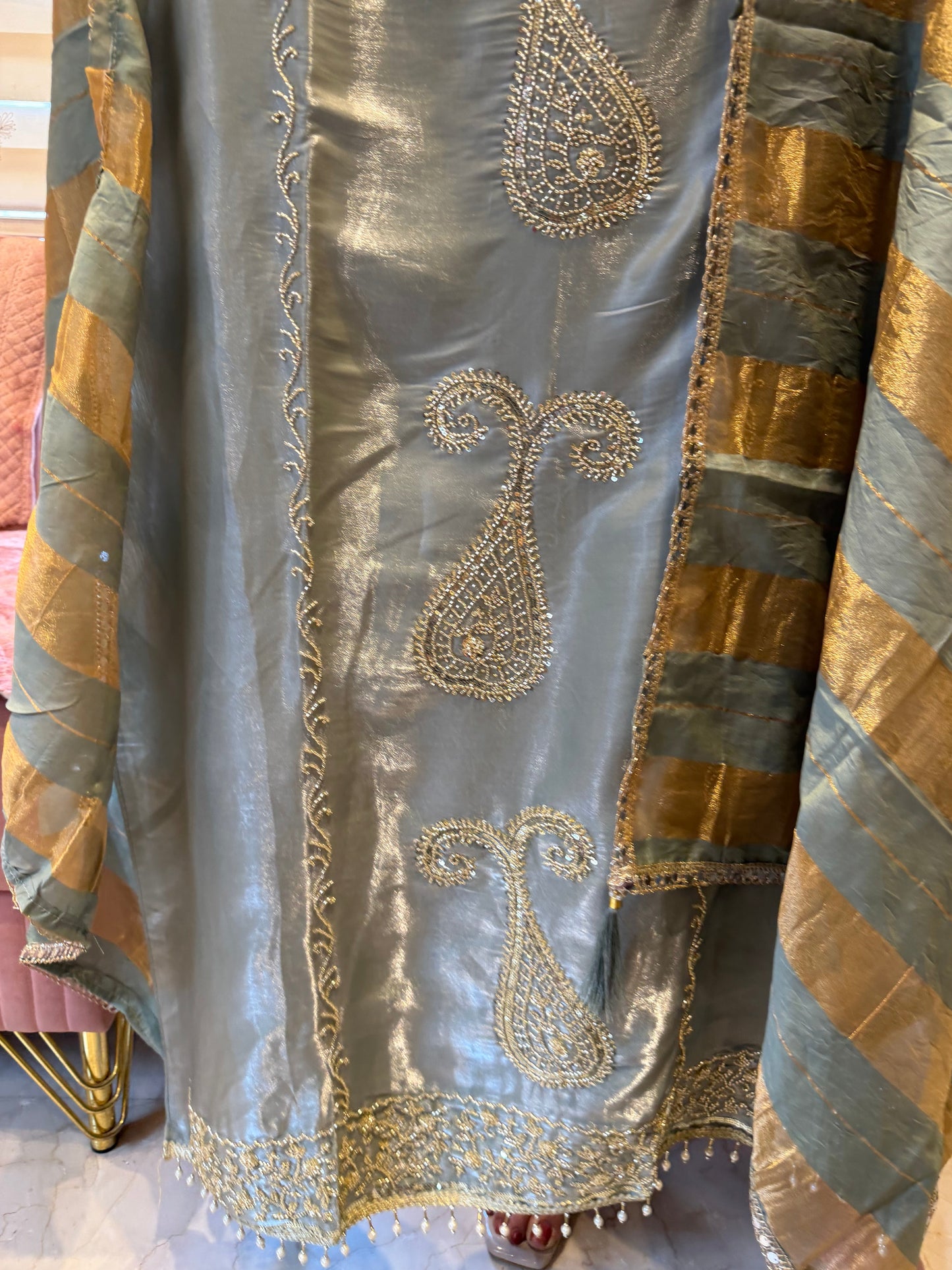 `Maisha’ Glass silk designer 3 piece suit set with handwork