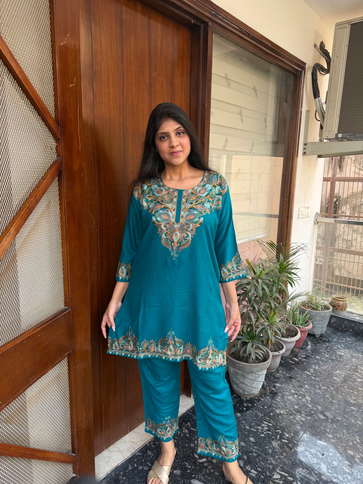 Pure wool hand embroidered aari work designer coord set