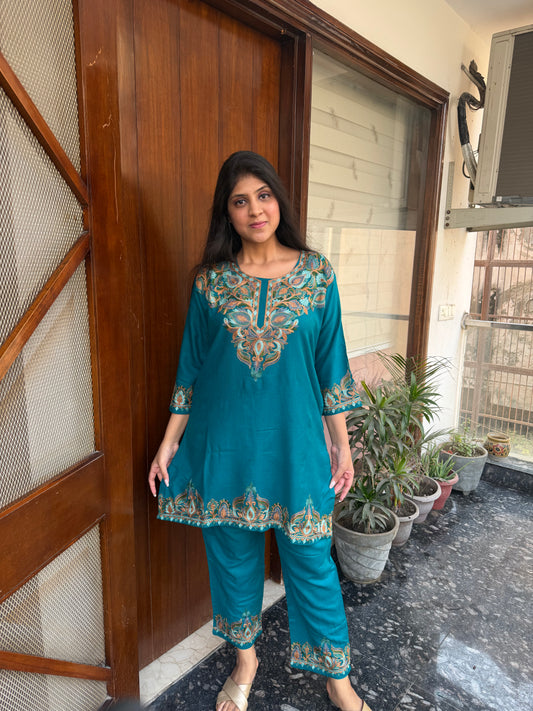 Pure wool hand embroidered aari work designer coord set