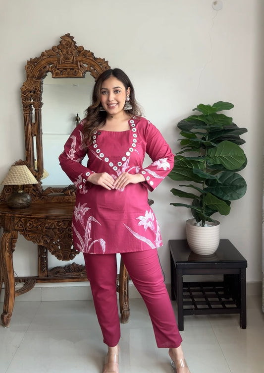 Floral red mul cotton 2 piece coord set