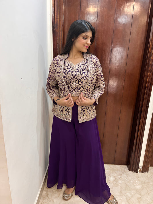 Hand embellished jacket with crop top and sharara - 3 piece indo western dress