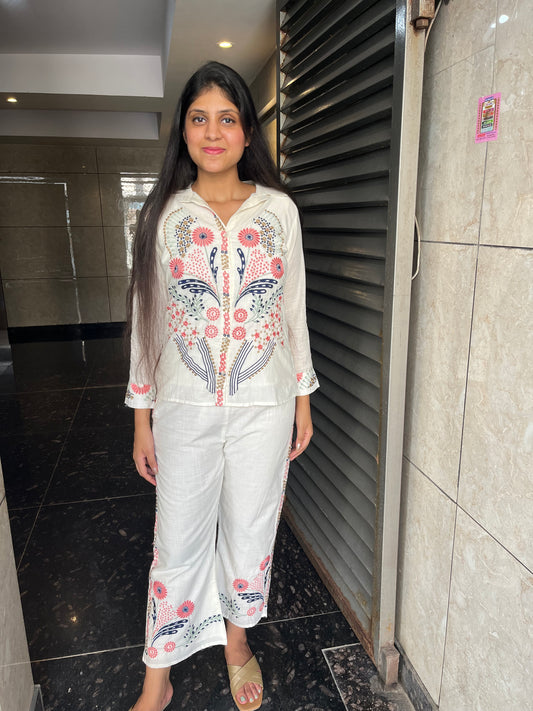 White Embroidered Cotton Mul Co-ord Set- Set of 2