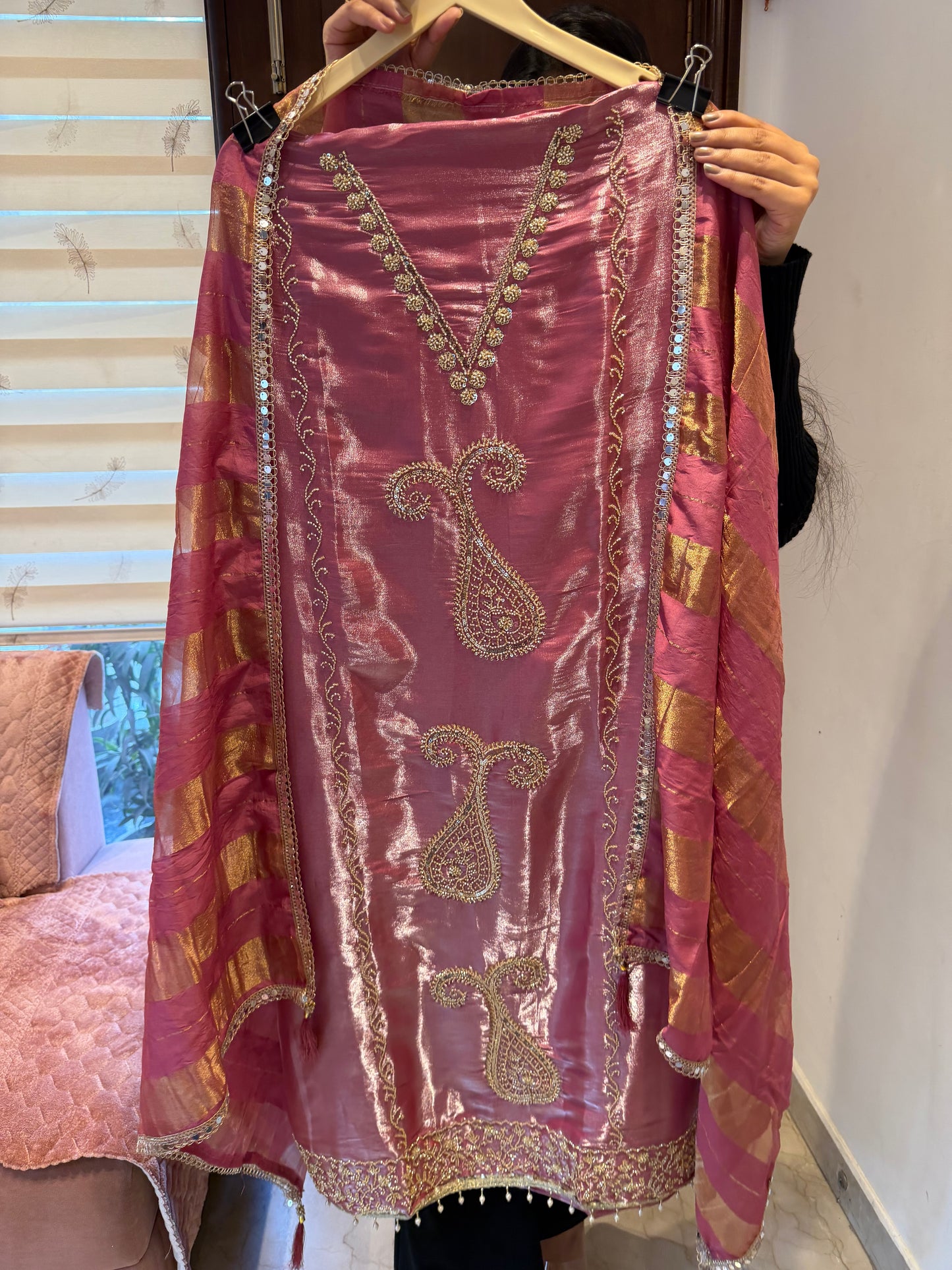 `Maisha’ Glass silk designer 3 piece suit set with handwork