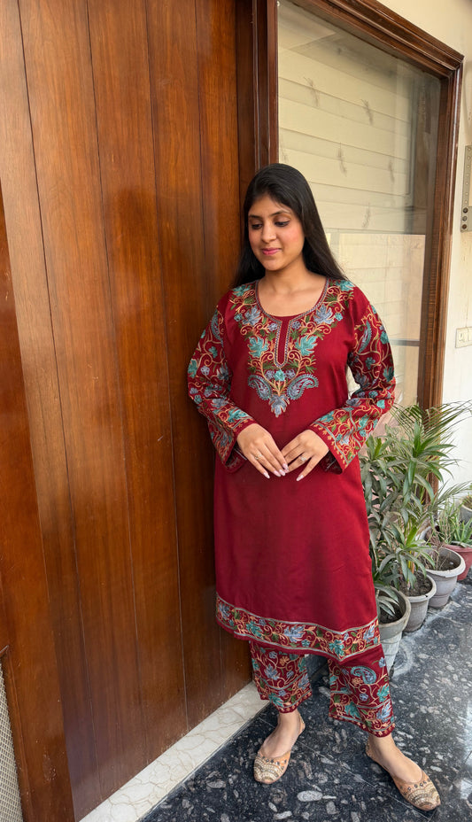 Pure wool hand embroidered aari work designer coord set