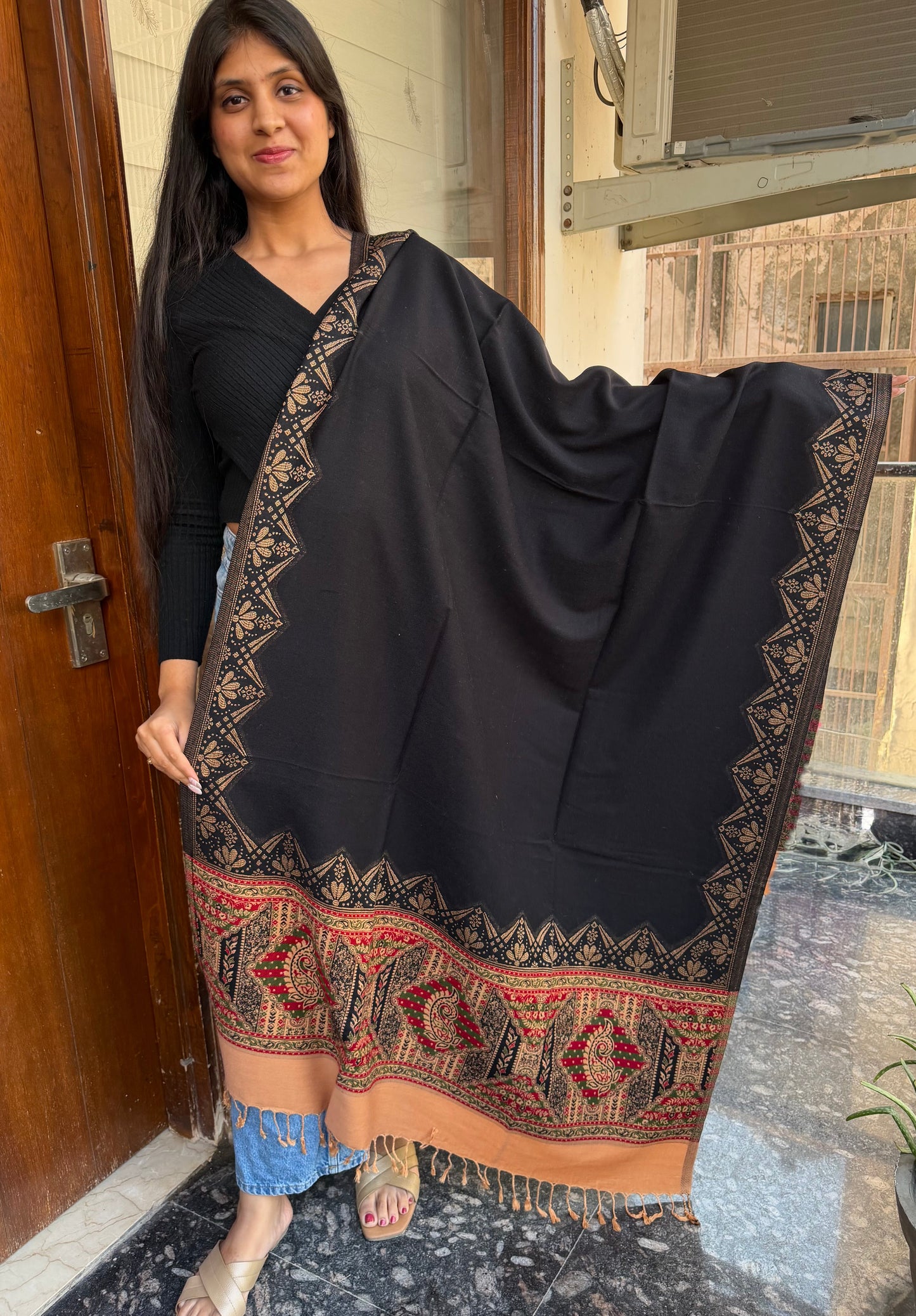 BLACK ETHNIC PUREWOOL DESIGNER SHAWL