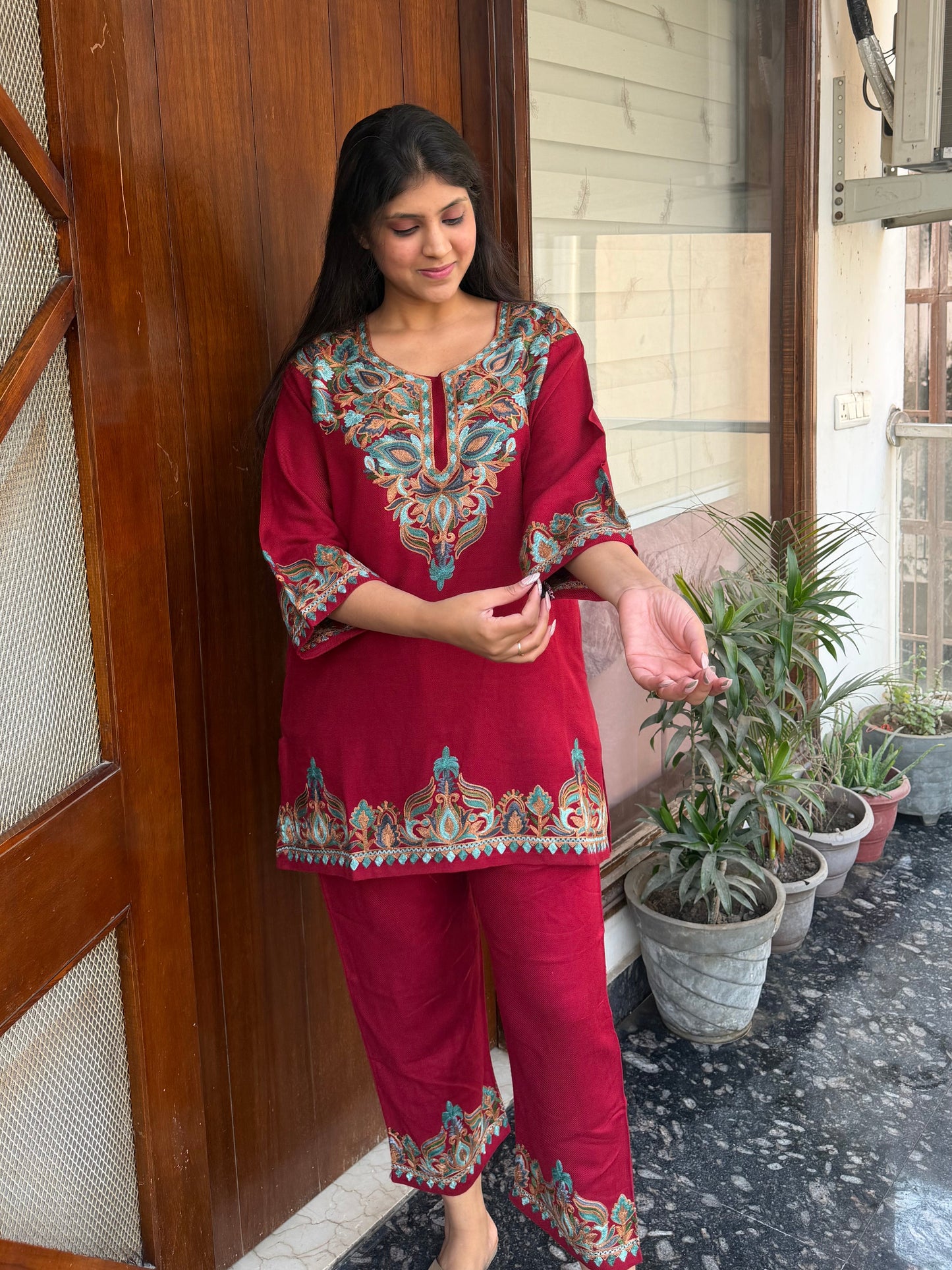 Pure wool hand embroidered aari work designer coord set