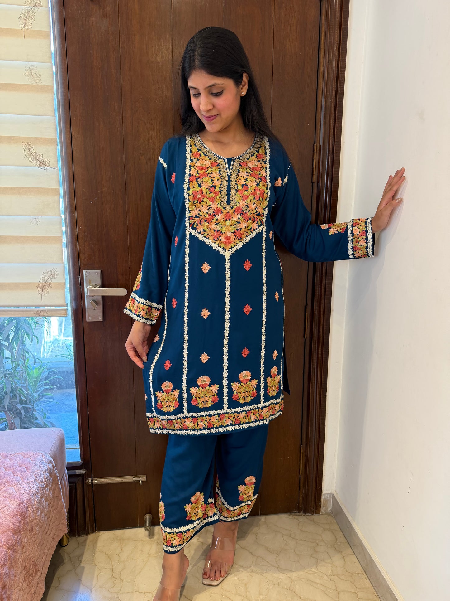 Designer Aari Embroidered Suit Set for Women – 3 Piece Kurta, Pant & Dupatta
