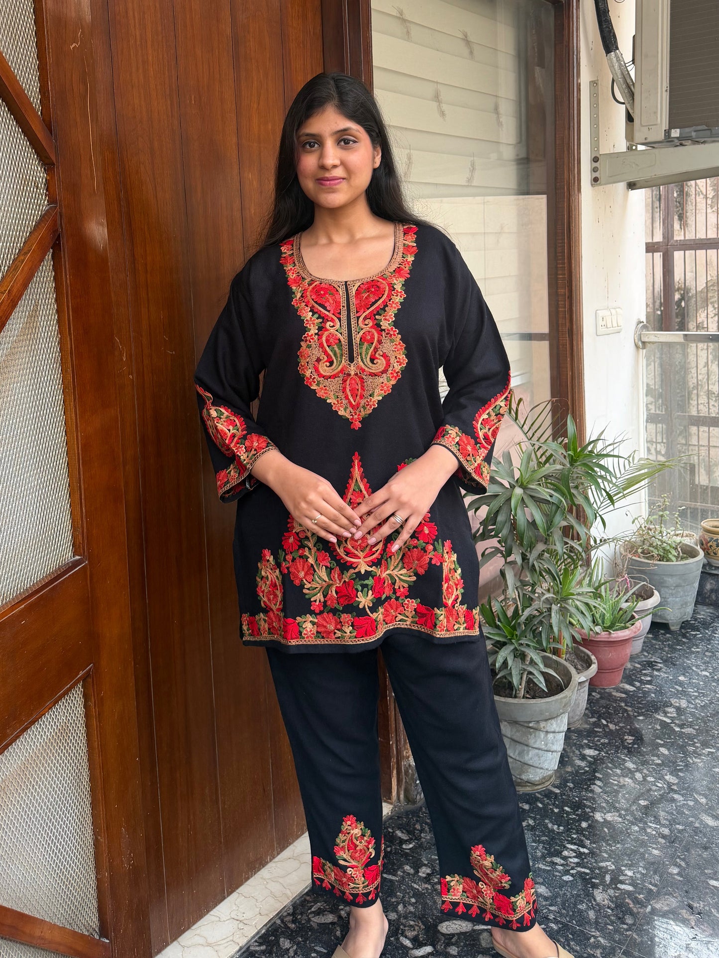 Pure wool hand embroidered aari work designer coord set