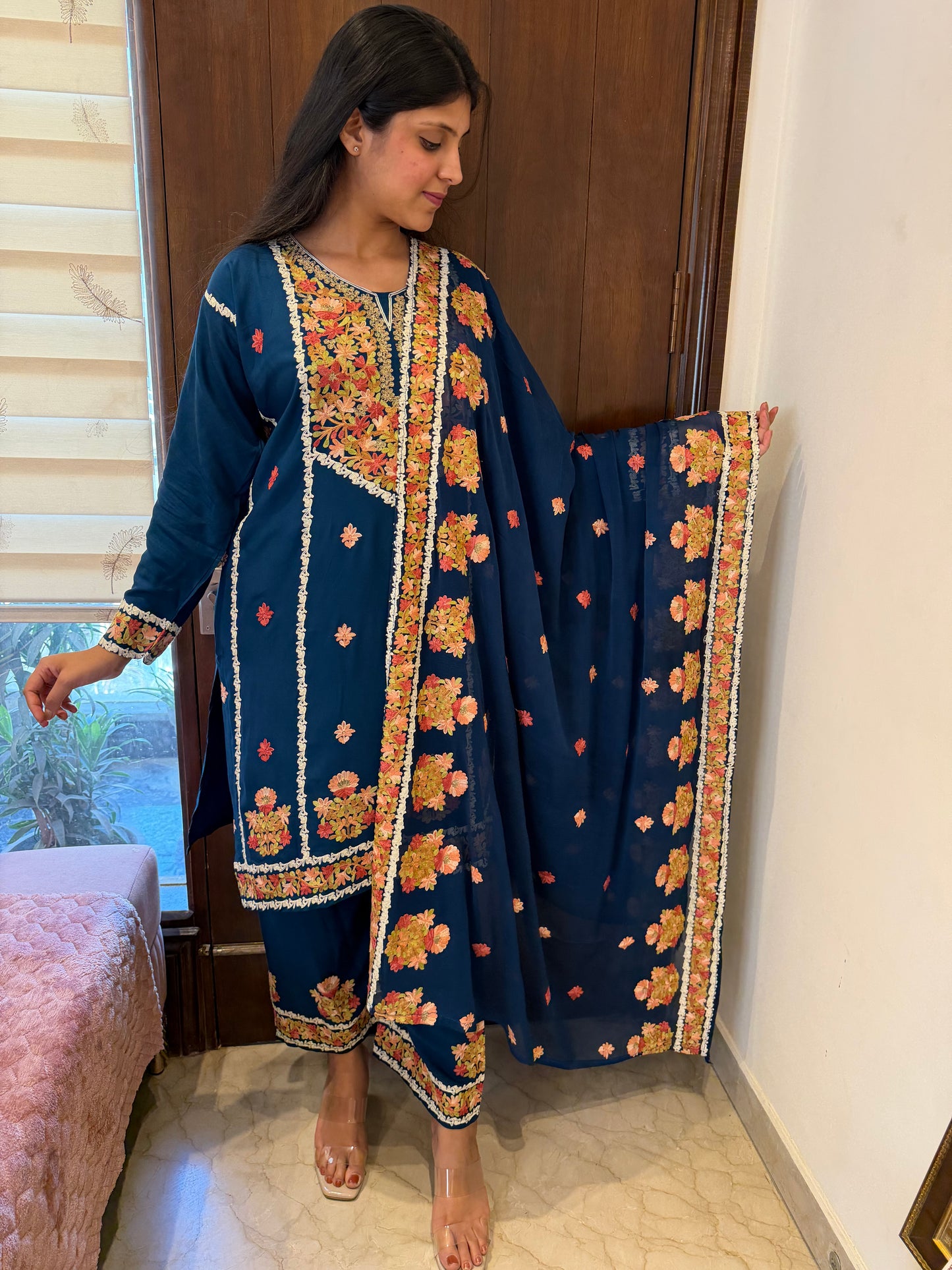 Designer Aari Embroidered Suit Set for Women – 3 Piece Kurta, Pant & Dupatta