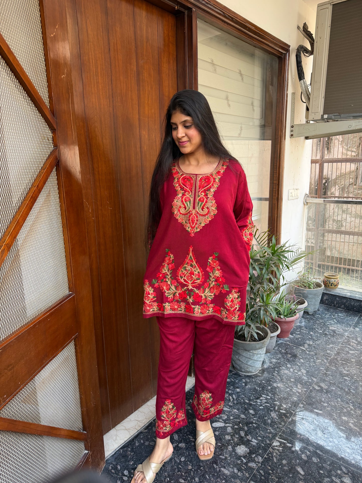 Pure wool hand embroidered aari work designer coord set