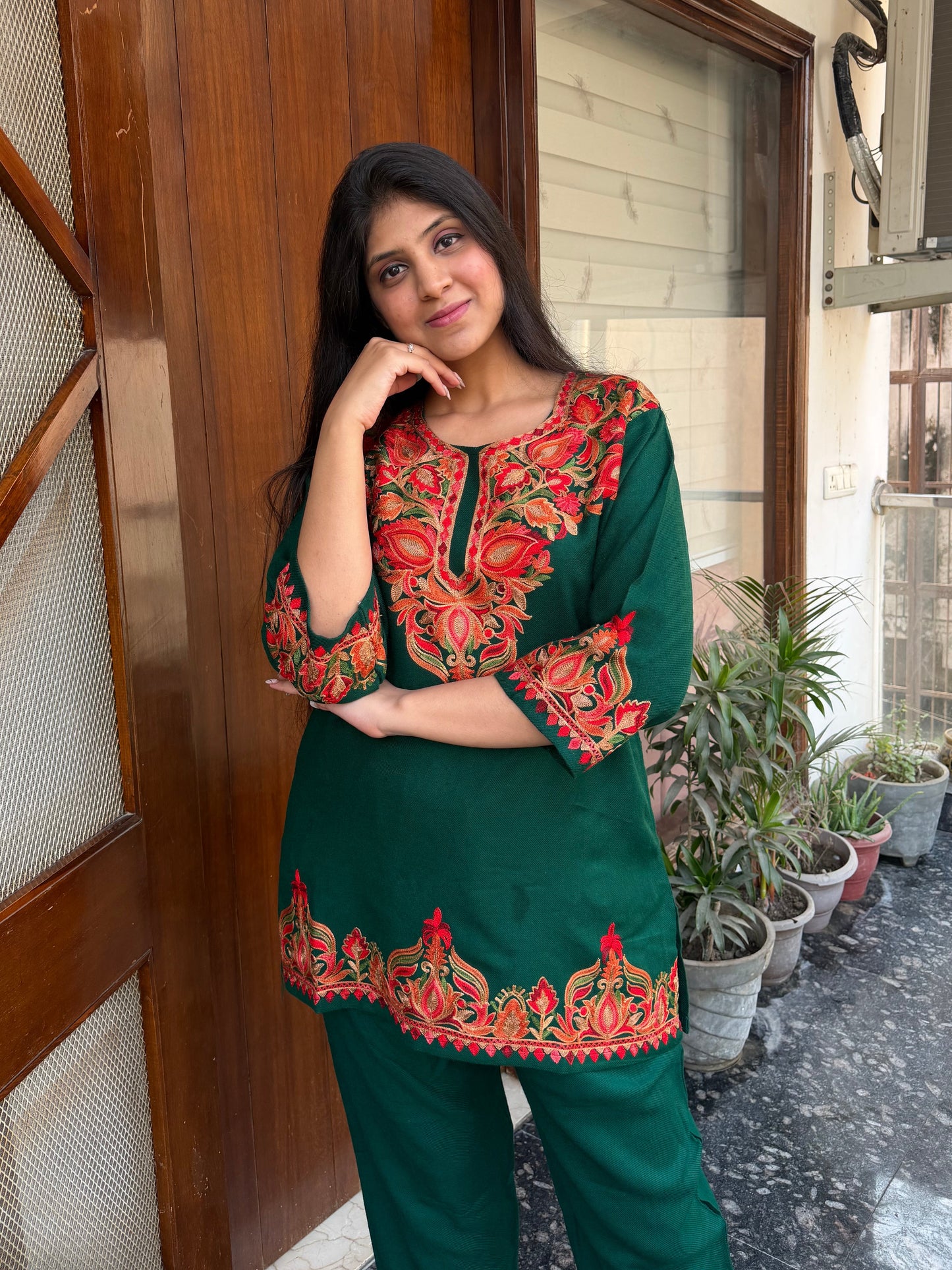 Pure wool hand embroidered aari work designer coord set