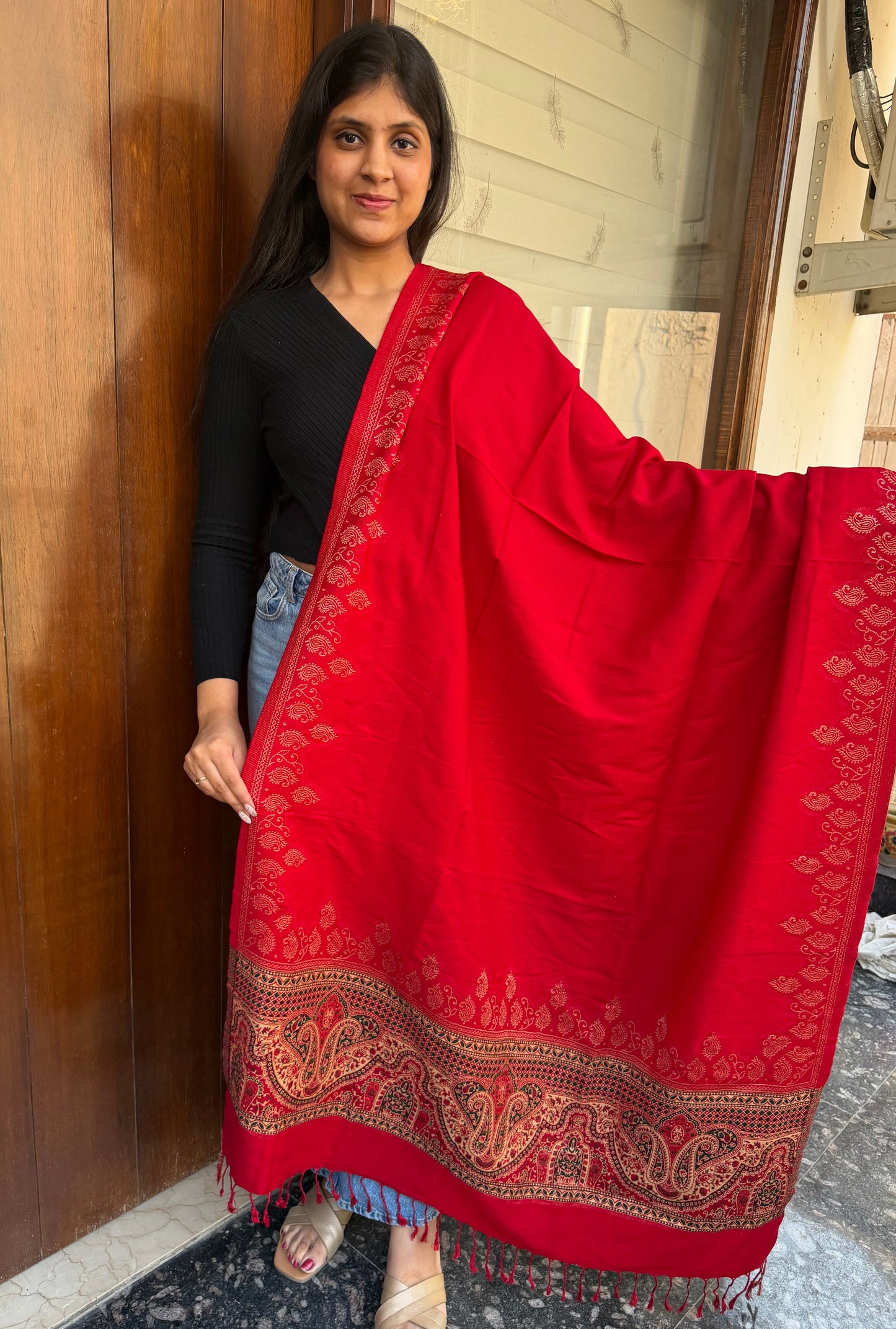 RED ETHNIC PUREWOOL DESIGNER SHAWL