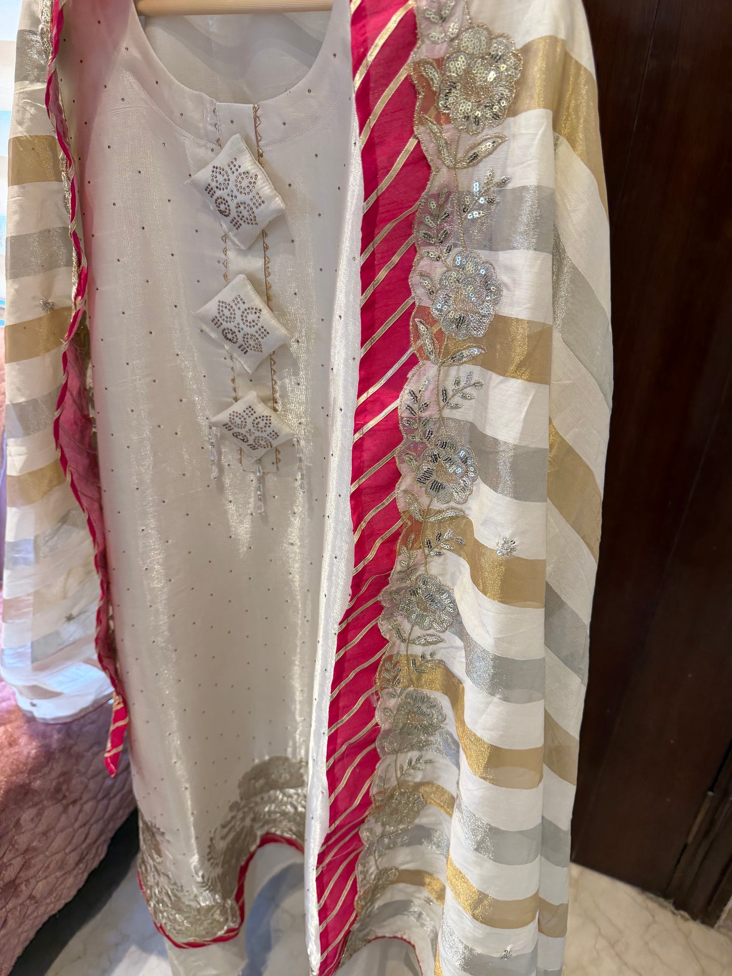 `Maisha’ Designer ivory 3 piece suit set with hand and pearl work