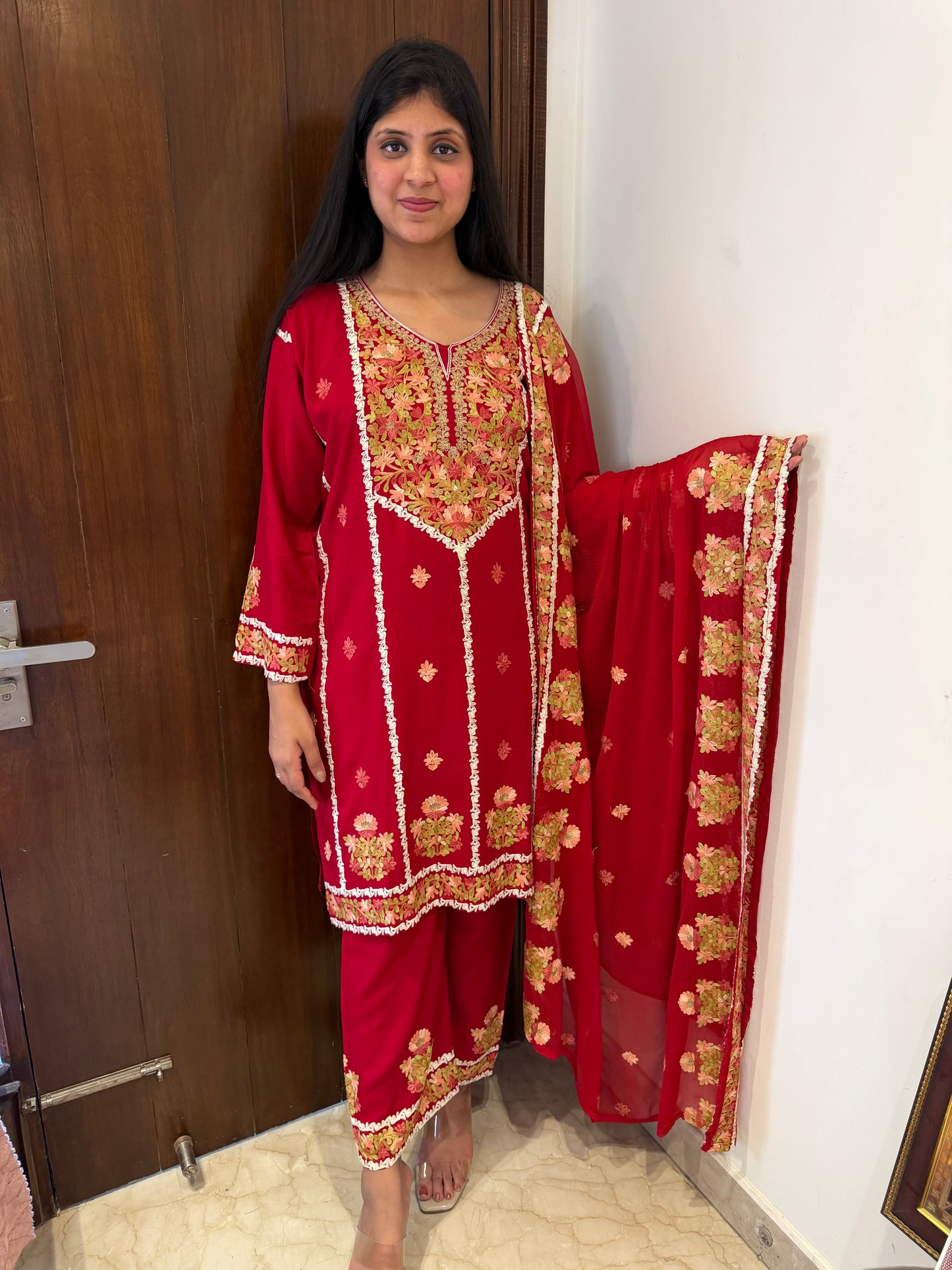Designer Aari Embroidered Suit Set for Women – 3 Piece Kurta, Pant & Dupatta