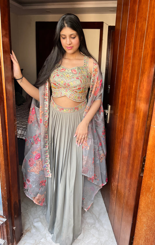 Indo western Cape set with crop top and skirt