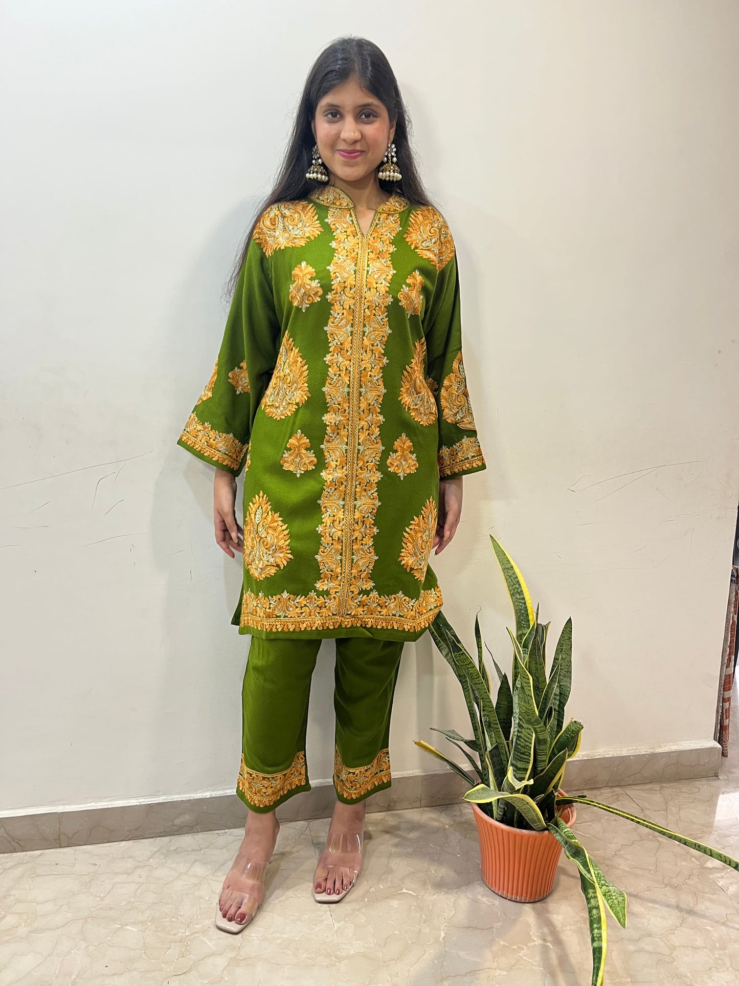 Pashmina hand embroidered designer  coord set with aari work