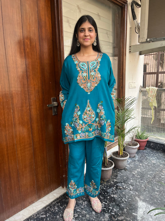 Pure wool hand embroidered aari work designer coord set