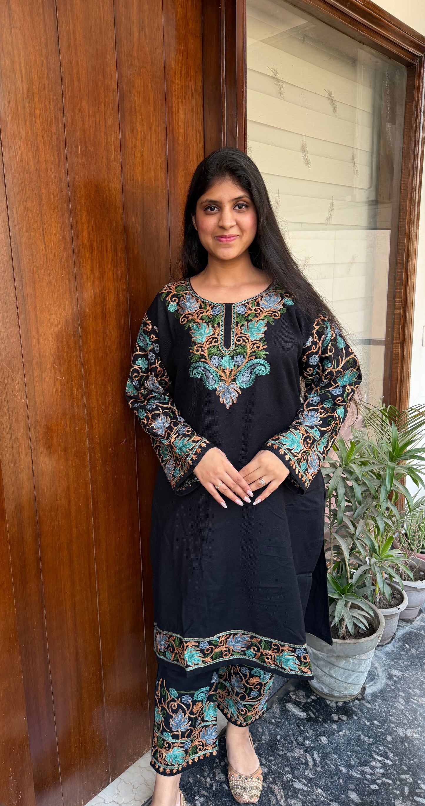 Pure wool hand embroidered aari work designer coord set