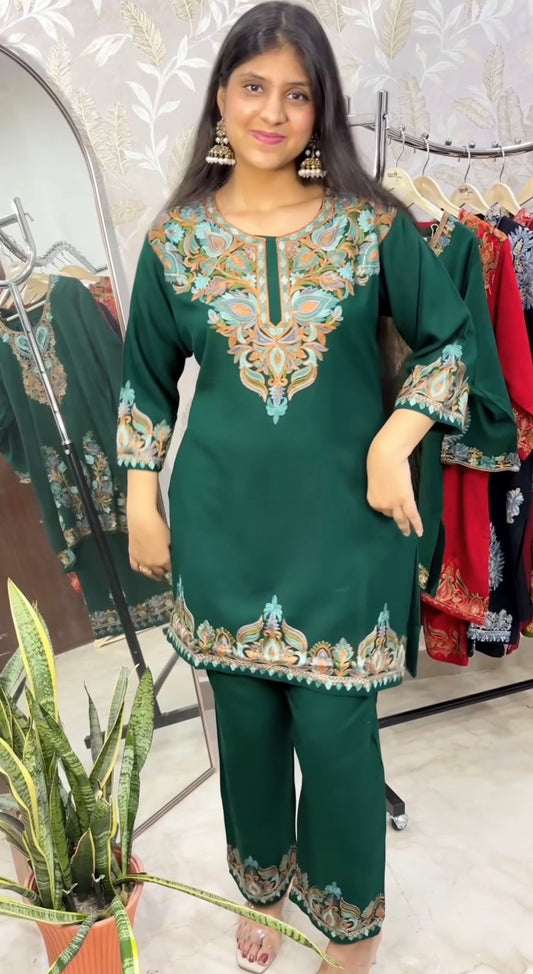 Pure wool hand embroidered aari work designer coord set