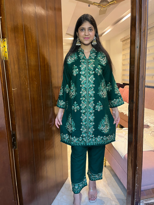 Pure cashmillon hand embroidered aari work coord set