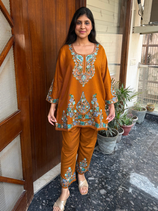 Pure wool hand embroidered aari work designer coord set