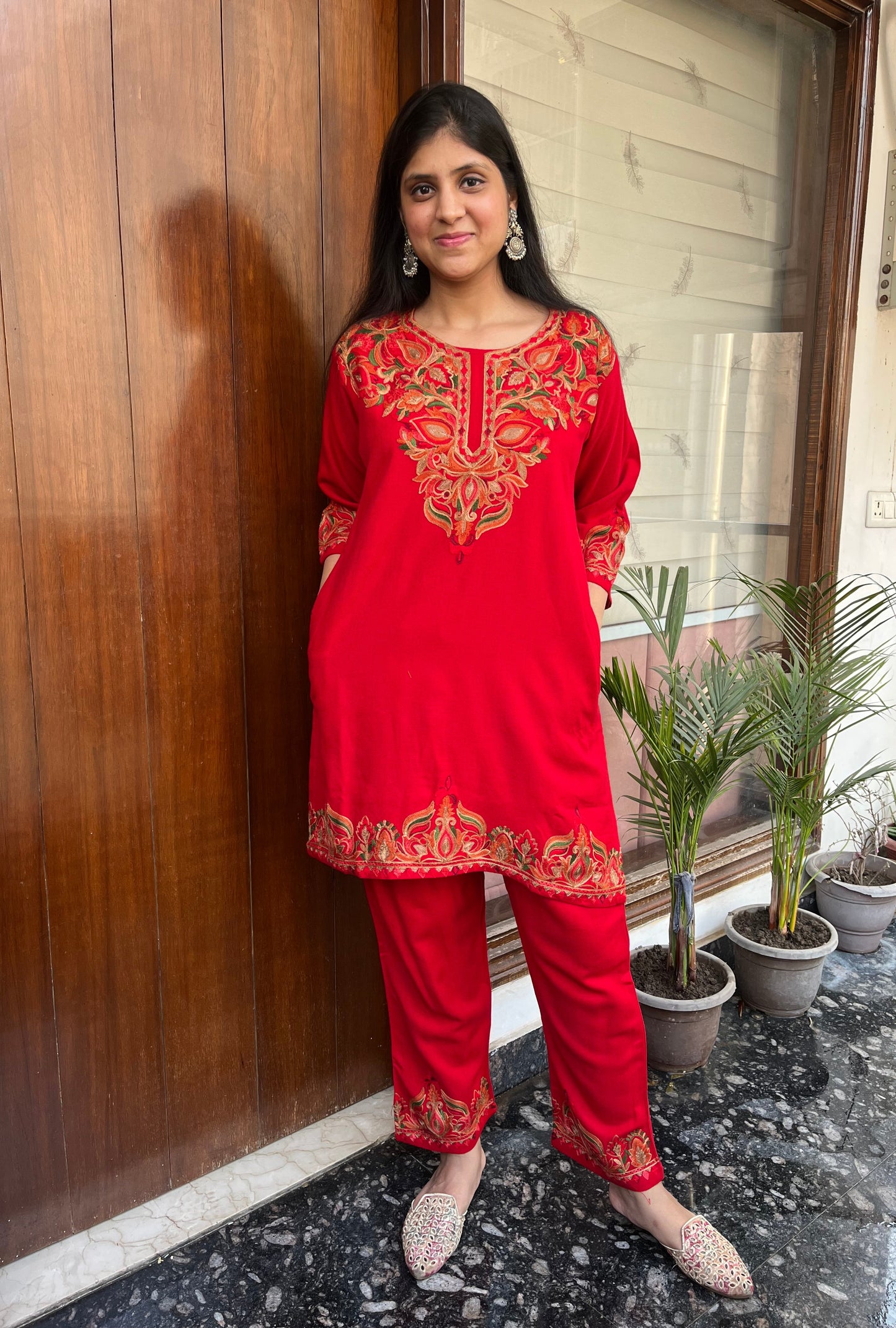 Pure wool hand embroidered aari work designer coord set