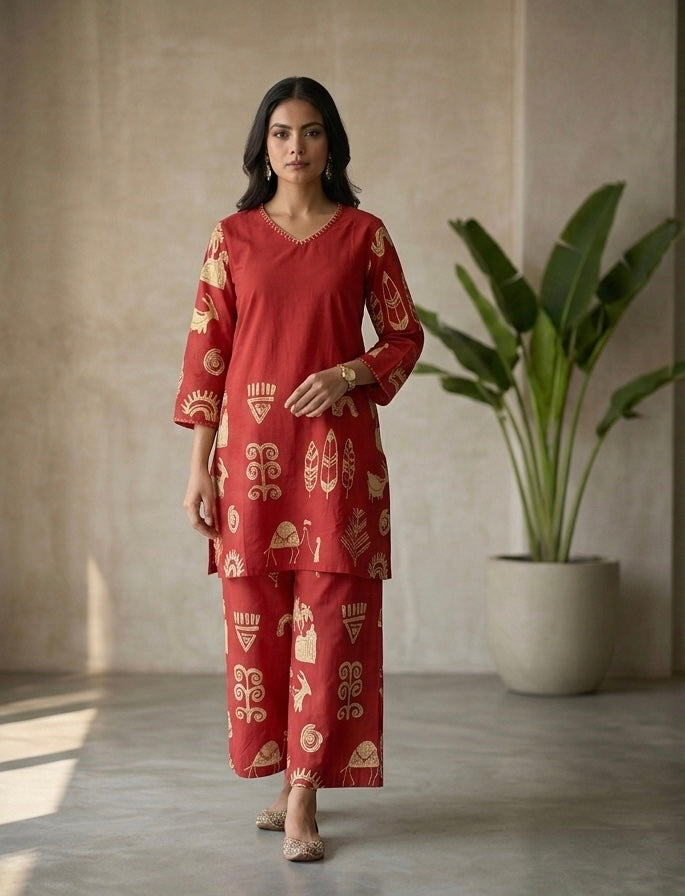 Red Printed Mul Cotton coord Set
