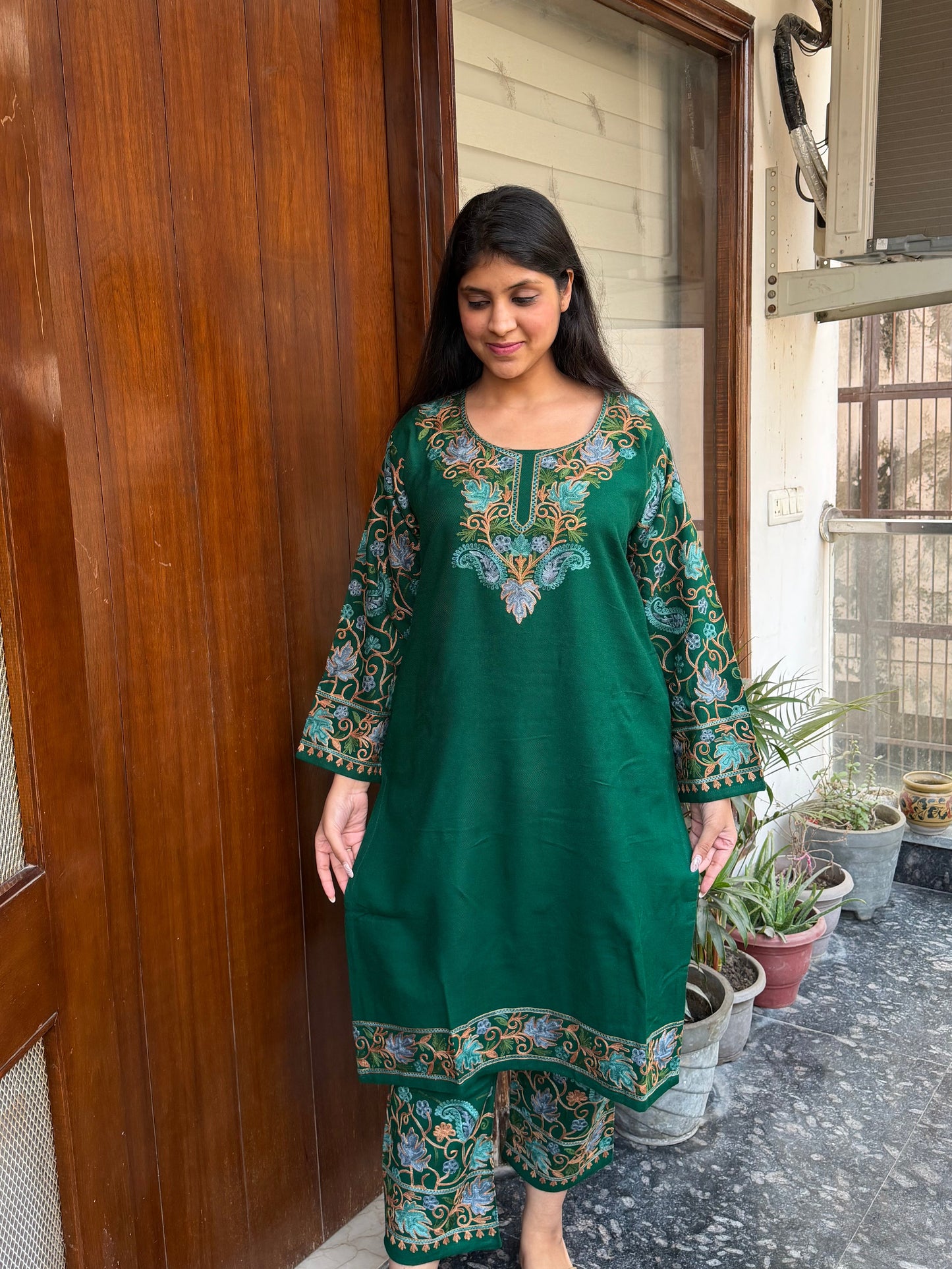 Pure wool hand embroidered aari work designer coord set